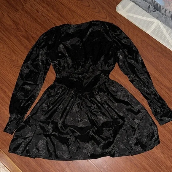 SWINGY FLORAL JACQUARD FIT & FLARE LONG SLEEVE MINI DRESS CORSET BLACK M - Picture 7 of 10